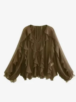 Chemise bordeaux pour femme col V manches longues boutons et volants style décontracté