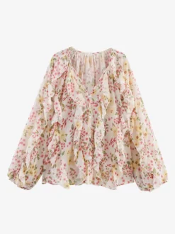 Chemise bordeaux pour femme col V manches longues boutons et volants style décontracté