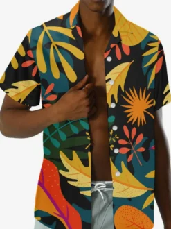 Chemise Décontractée Hommes Manches Courtes Imprimées Noires Jaunes Vacances Hawaï