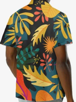 Chemise Décontractée Hommes Manches Courtes Imprimées Noires Jaunes Vacances Hawaï
