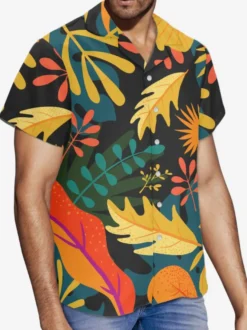 Chemise Décontractée Hommes Manches Courtes Imprimées Noires Jaunes Vacances Hawaï