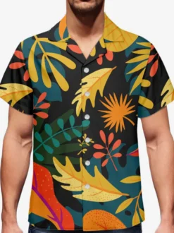 Chemise Décontractée Hommes Manches Courtes Imprimées Noires Jaunes Vacances Hawaï