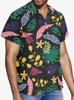 Chemise Décontractée Hommes Manches Courtes Fleuries Noir Vacances Hawaï