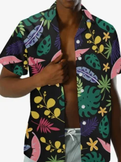 Chemise Décontractée Hommes Manches Courtes Fleuries Noir Vacances Hawaï