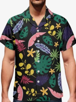 Chemise Décontractée Hommes Manches Courtes Fleuries Noir Vacances Hawaï