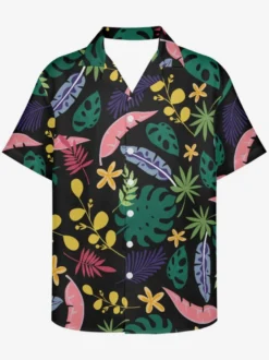 Chemise Décontractée Hommes Manches Courtes Fleuries Noir Vacances Hawaï