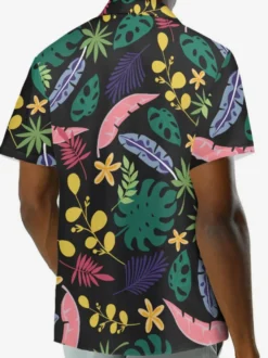 Chemise Décontractée Hommes Manches Courtes Fleuries Noir Vacances Hawaï