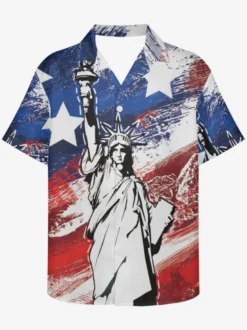 Chemise Décontractée Hommes Manches Courtes Imprimées Statue de la Liberté Bleues Vacances