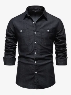 Chemise Décontractée Manches Longues Hommes Couleur Unie Coupe Cintrée En Denim