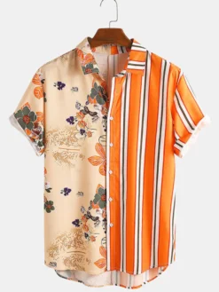 Chemise décontractée pour homme à col rabattu Chemises décontractées pour hommes orange imprimées