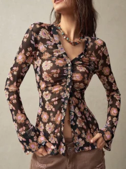 Chemise à manches longues boutonnée à imprimé floral et coupe ajustée pour femme 2026