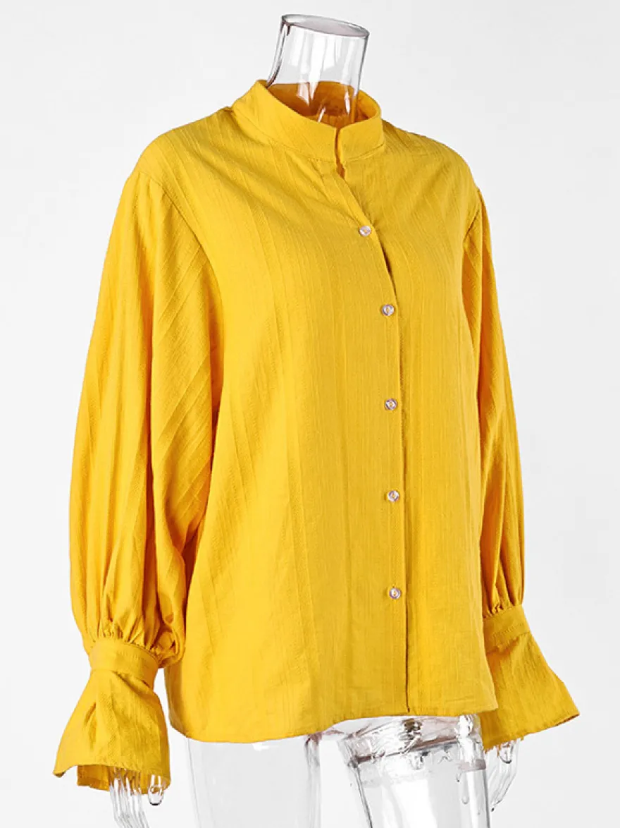 Chemise oversize à manches bouffantes texturées et col montant boutonné