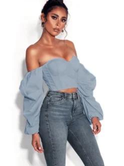 Chemise pour femme bleue sans bretelles sexy manches longues