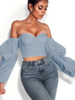 Chemise pour femme bleue sans bretelles sexy manches longues