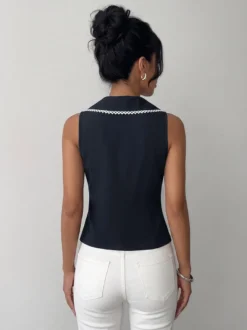 Chemise pour femme bleu foncé à blocs de couleur col rabattu lacé débardeur sexy