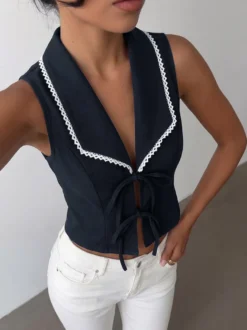 Chemise pour femme bleu foncé à blocs de couleur col rabattu lacé débardeur sexy