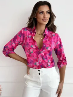 Chemise pour femmes bleu imprimé fleuri col rabattu Chic manches longues Polyester hauts