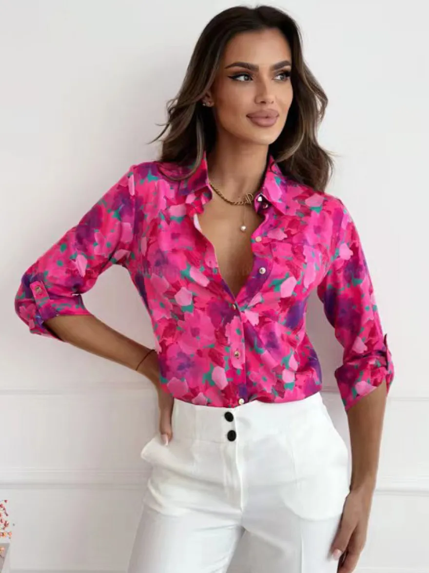 Chemise pour femmes bleu imprimé fleuri col rabattu Chic manches longues Polyester hauts