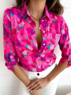 Chemise pour femmes bleu imprimé fleuri col rabattu Chic manches longues Polyester hauts