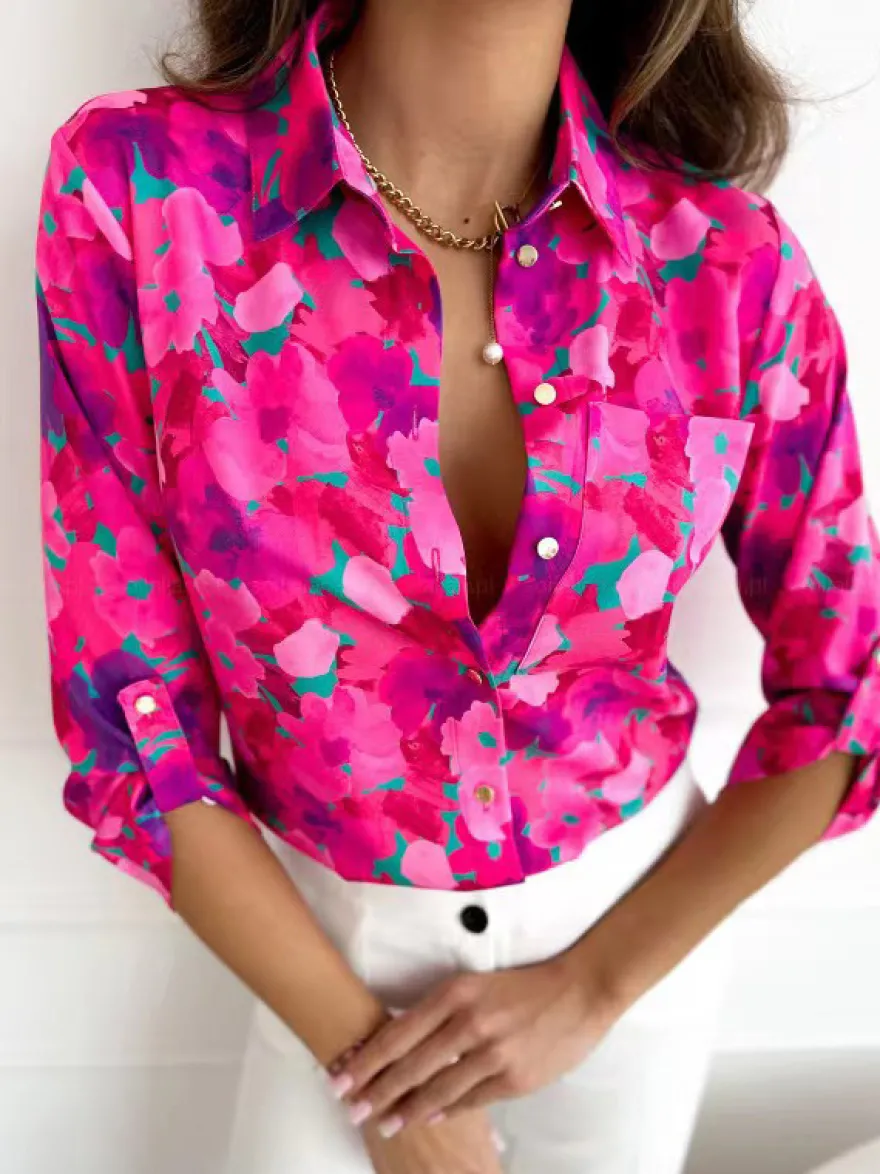 Chemise pour femmes bleu imprimé fleuri col rabattu Chic manches longues Polyester hauts
