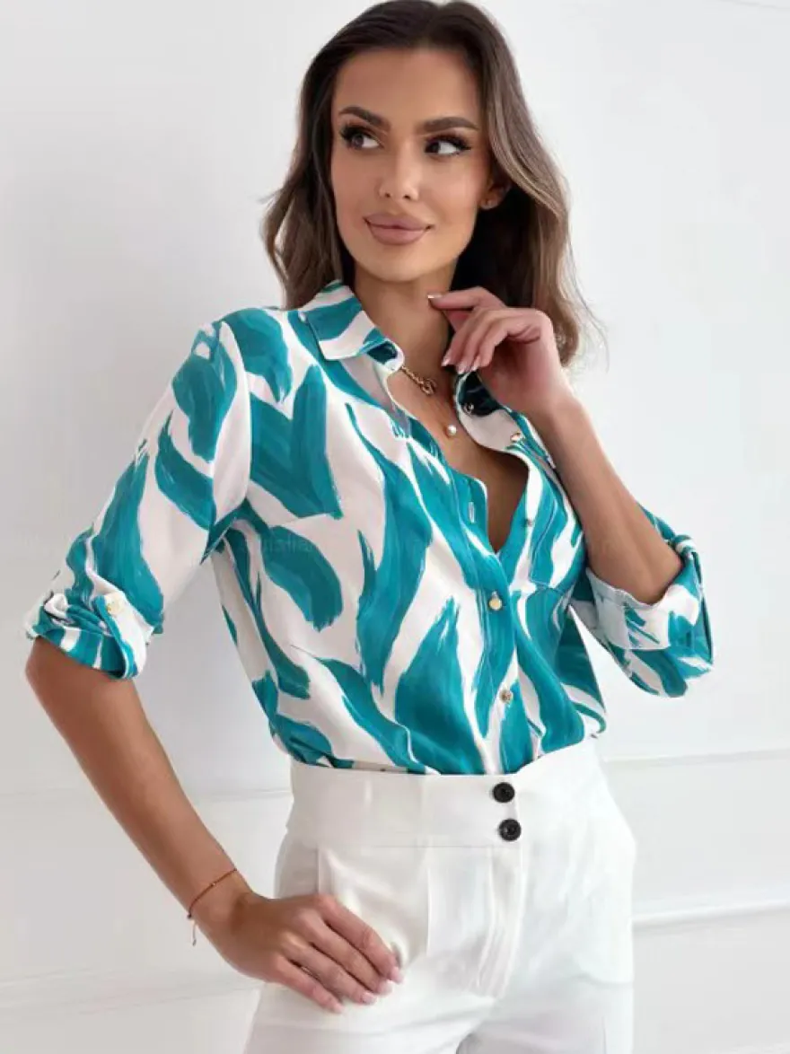 Chemise pour femmes bleu imprimé fleuri col rabattu Chic manches longues Polyester hauts