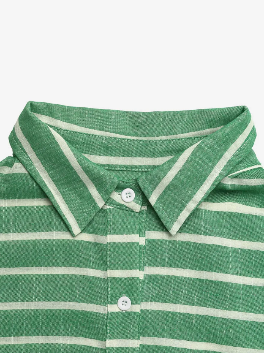 Chemise à rayures horizontales vertes et roses boutonnée col et poche manches longues coupe oversize style décontracté