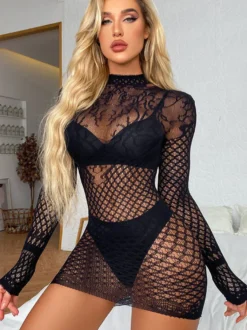 Chemises en résille en maille pour femmes robe noire body babydoll lingerie transparente