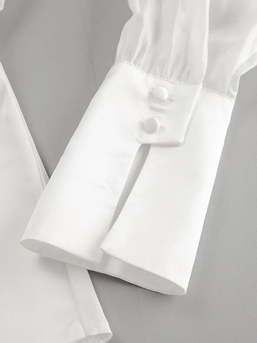 Chemisier blanc à décolleté plongeant pour femme - Top sexy transparent à manches longues - Style français pour soirées printanières streetwear 2026