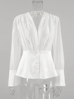 Chemisier blanc à décolleté plongeant pour femme - Top sexy transparent à manches longues - Style français pour soirées printanières streetwear 2026