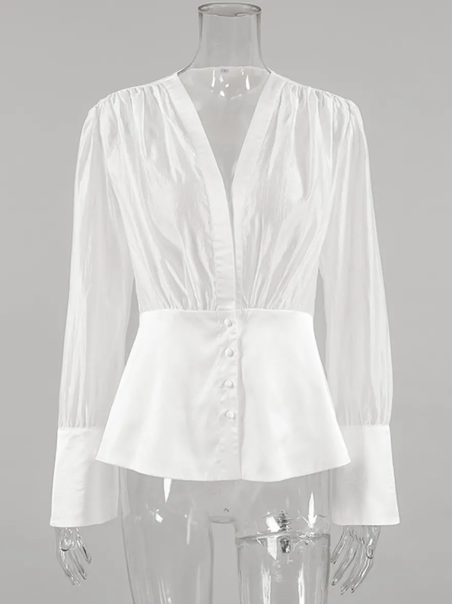 Chemisier blanc à décolleté plongeant pour femme - Top sexy transparent à manches longues - Style français pour soirées printanières streetwear 2026
