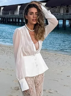 Chemisier blanc à décolleté plongeant pour femme - Top sexy transparent à manches longues - Style français pour soirées printanières streetwear 2026