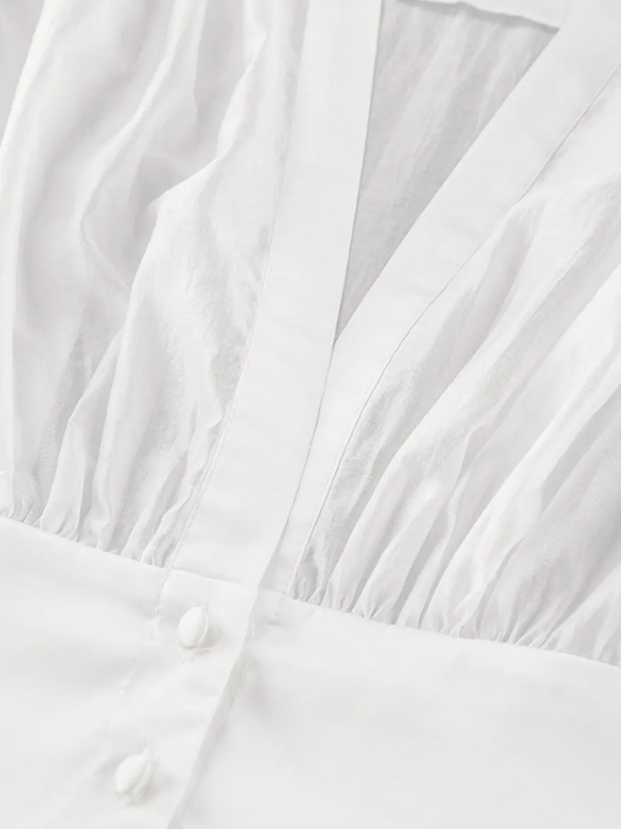 Chemisier blanc à décolleté plongeant pour femme - Top sexy transparent à manches longues - Style français pour soirées printanières streetwear 2026