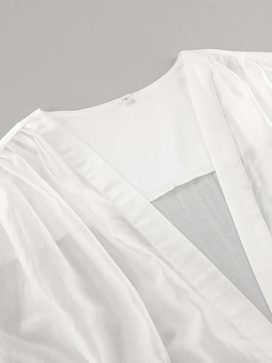 Chemisier blanc à décolleté plongeant pour femme - Top sexy transparent à manches longues - Style français pour soirées printanières streetwear 2026