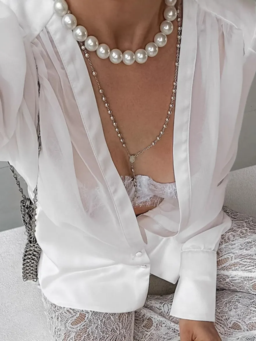 Chemisier blanc à décolleté plongeant pour femme - Top sexy transparent à manches longues - Style français pour soirées printanières streetwear 2026