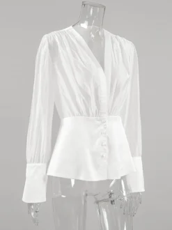 Chemisier blanc à décolleté plongeant pour femme - Top sexy transparent à manches longues - Style français pour soirées printanières streetwear 2026