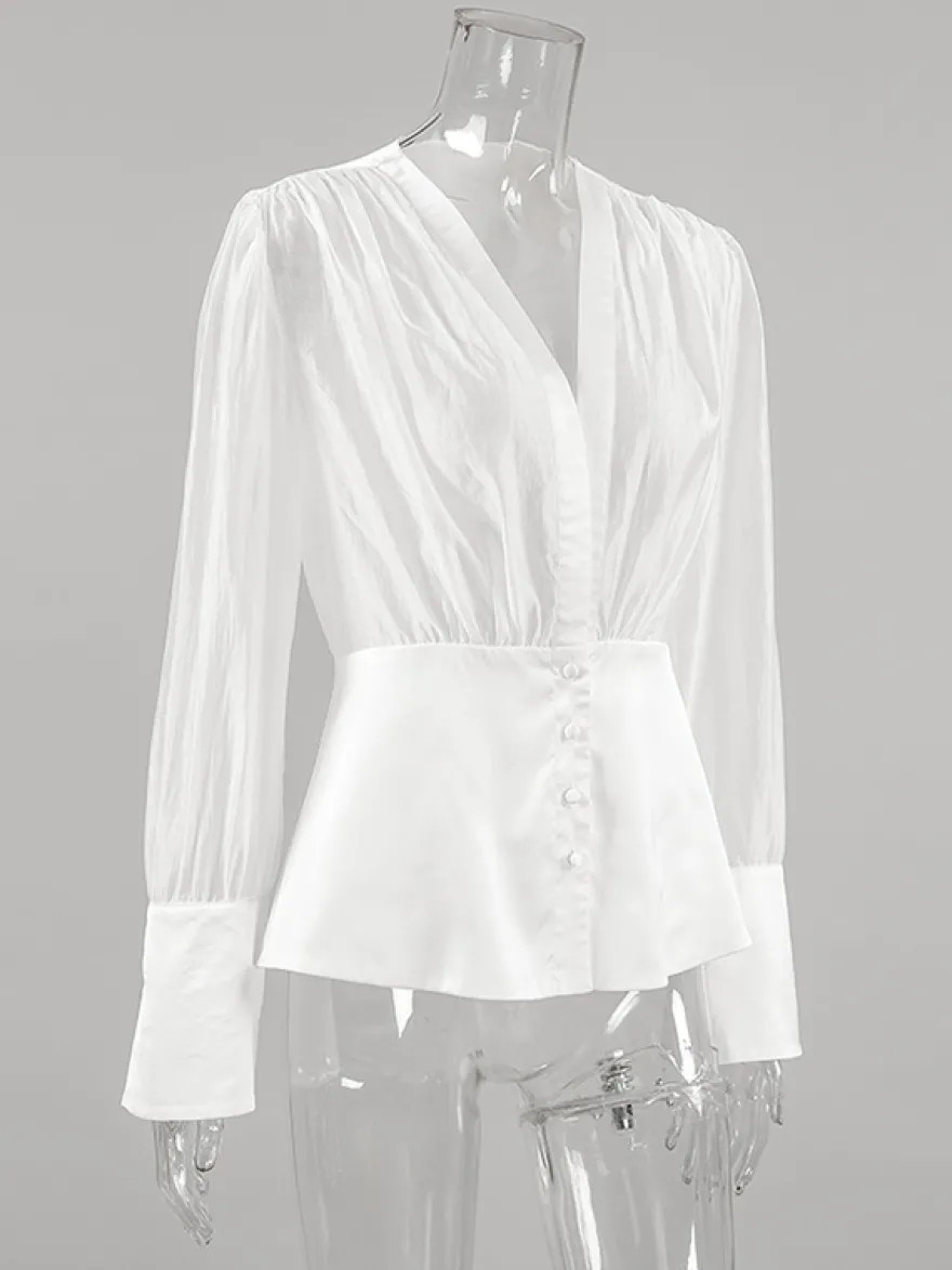 Chemisier blanc à décolleté plongeant pour femme - Top sexy transparent à manches longues - Style français pour soirées printanières streetwear 2026