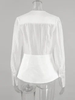Chemisier blanc à décolleté plongeant pour femme - Top sexy transparent à manches longues - Style français pour soirées printanières streetwear 2026