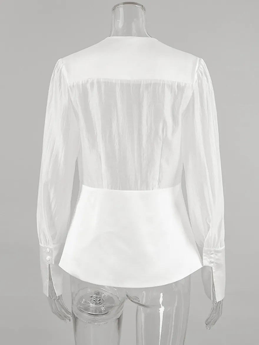 Chemisier blanc à décolleté plongeant pour femme - Top sexy transparent à manches longues - Style français pour soirées printanières streetwear 2026