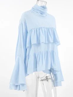 Chemisier bleu clair à volants étagés pour femme - Haut élégant à col montant et manches cloche - Style bohème chic tenue de plage 2026
