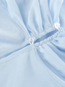 Chemisier bleu clair à volants étagés pour femme - Haut élégant à col montant et manches cloche - Style bohème chic tenue de plage 2026