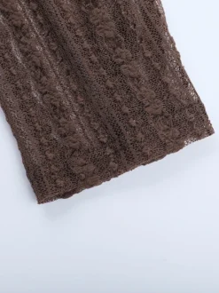 Chemisier cache-cœur en dentelle à col V pour femme - Haut court marron vintage à manches longues et coupe ajustée - Tenue décontractée printanière 2026