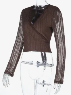 Chemisier cache-cœur en dentelle à col V pour femme - Haut court marron vintage à manches longues et coupe ajustée - Tenue décontractée printanière 2026