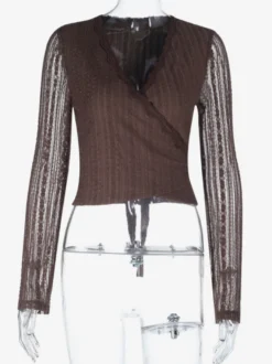 Chemisier cache-cœur en dentelle à col V pour femme - Haut court marron vintage à manches longues et coupe ajustée - Tenue décontractée printanière 2026
