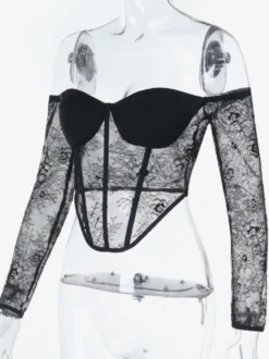 Chemisier corset en dentelle à épaules dénudées pour femme - Bustier noir transparent à manches longues en maille - Tenue de soirée printanière 2026