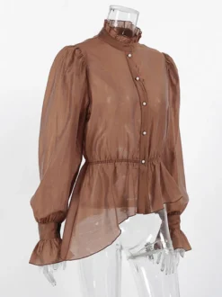 Chemisier marron à col montant pour femme style décontracté boutons en dentelle manches longues.