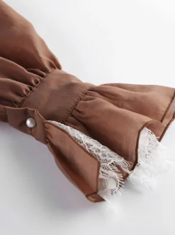 Chemisier marron à col montant pour femme style décontracté boutons en dentelle manches longues.