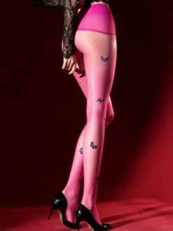 Collants noirs brillants transparents à imprimé papillon