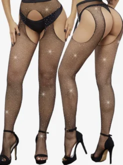 Collants taille haute en résille ajourée multicolore à strass