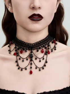 Collier ras du cou multicouche en dentelle rouge pour femme gothique sexy