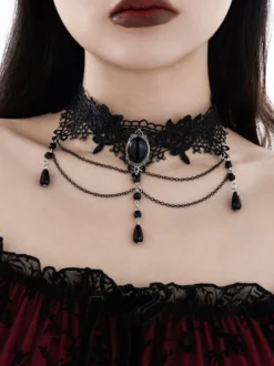 Collier ras du cou multicouche en dentelle rouge pour femme gothique sexy
